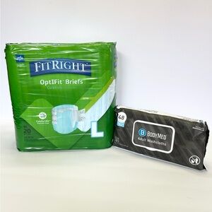 OptiFit Briefs size L Men’s 20 count and Bodymed Adult Washcloths 48 Count